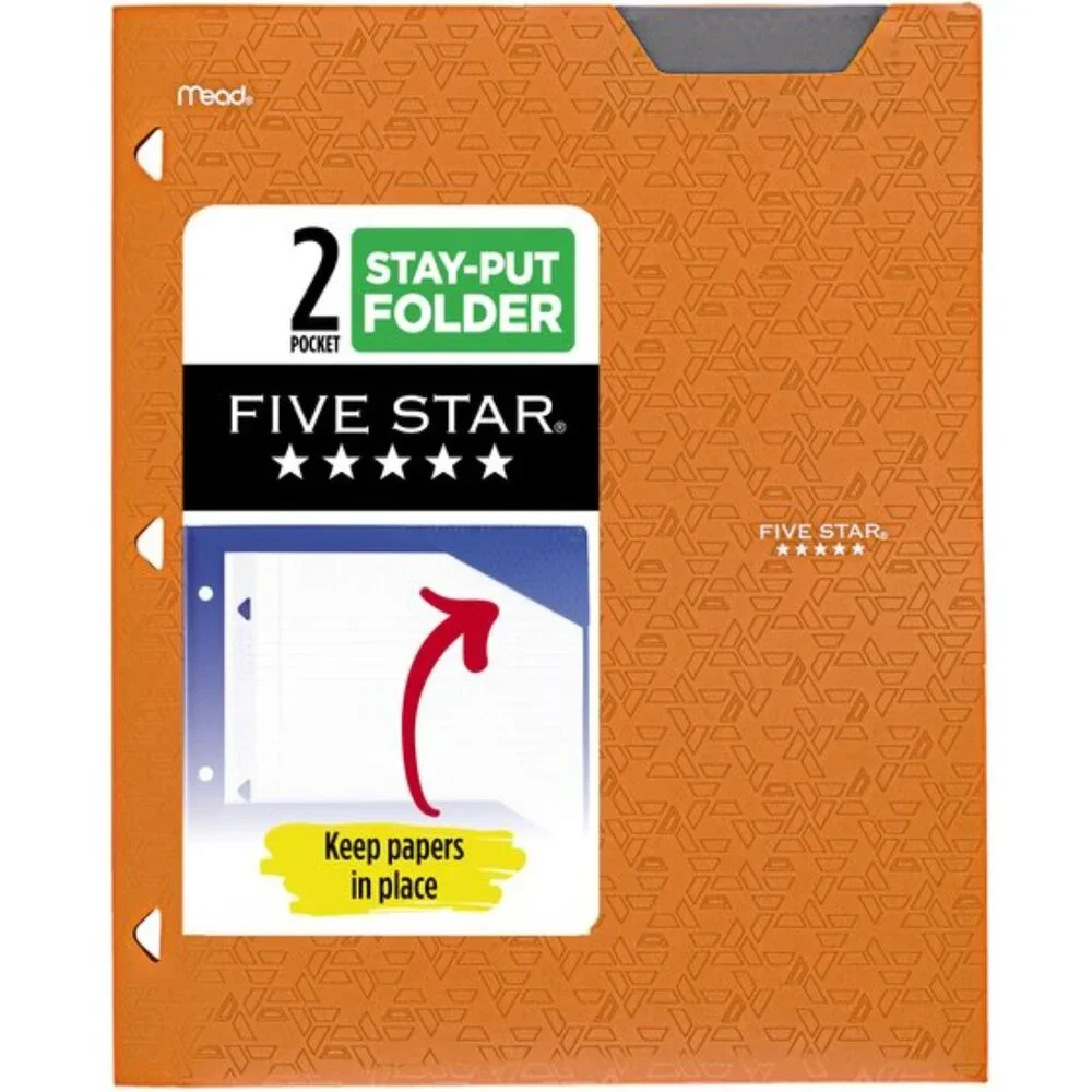 Mead Five Star Tay-Put 2-Pocket Plastic Folder Asst Colors School Office Home